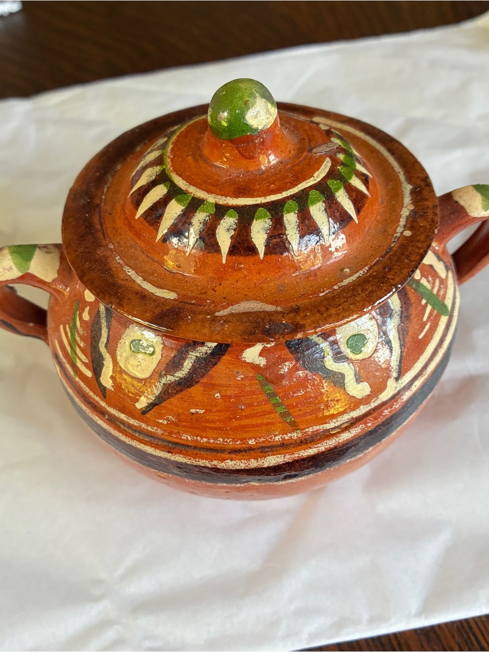 Vintage Terracotta Lidded Decorative Pot in Orange and Green